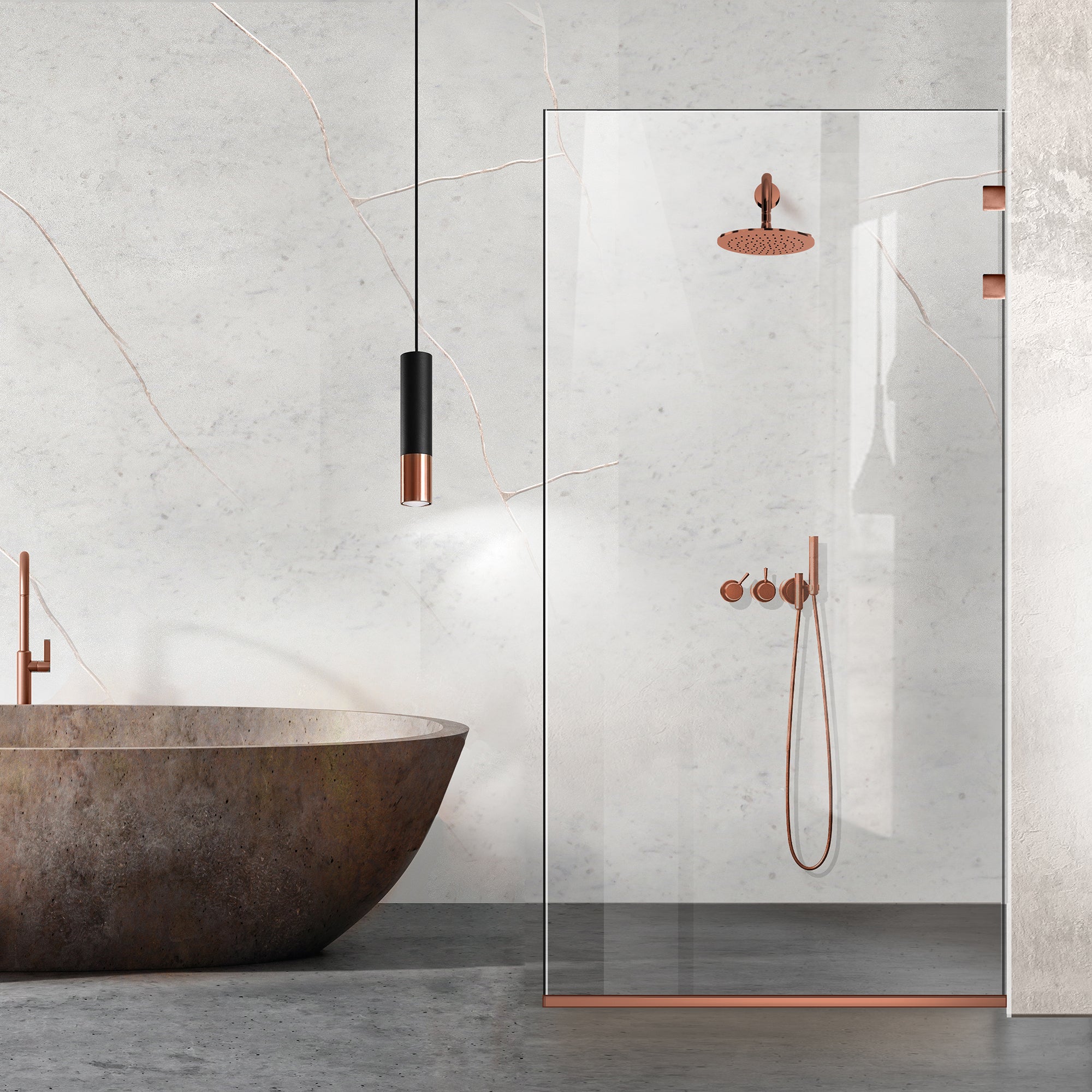 Walk-in-Duschabtrennung Aqua Elegance® Copper, Beschläge komplett aus kupferfarbenem Edelstahl, klares Sicherheitsglas