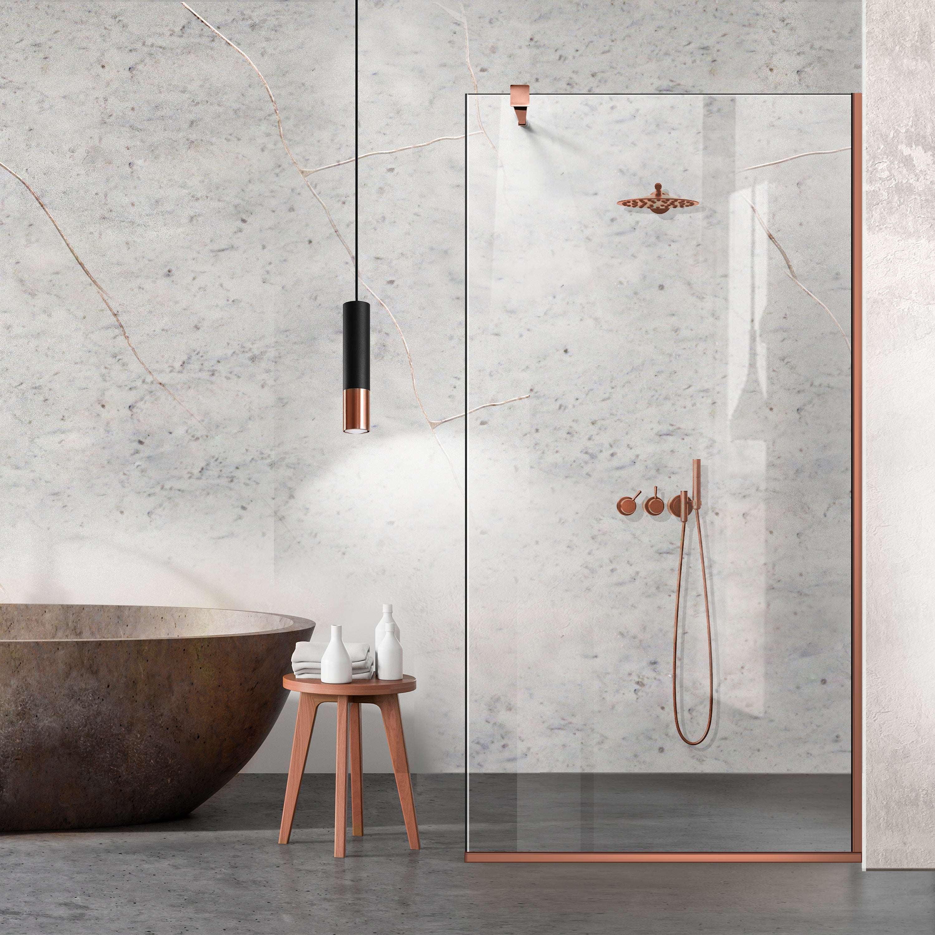 Walk-in-Duschabtrennung Aqua Class ® Copper, Beschläge komplett aus kupferfarbenem Edelstahl, Sicherheitsglas