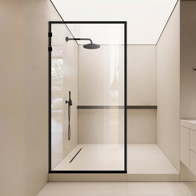 Walk-in-Duschabtrennung Aqua Elegance® Black, Modell Frame schwarz, Beschläge komplett aus mattschwarzem Edelstahl, klares Sicherheitsglas