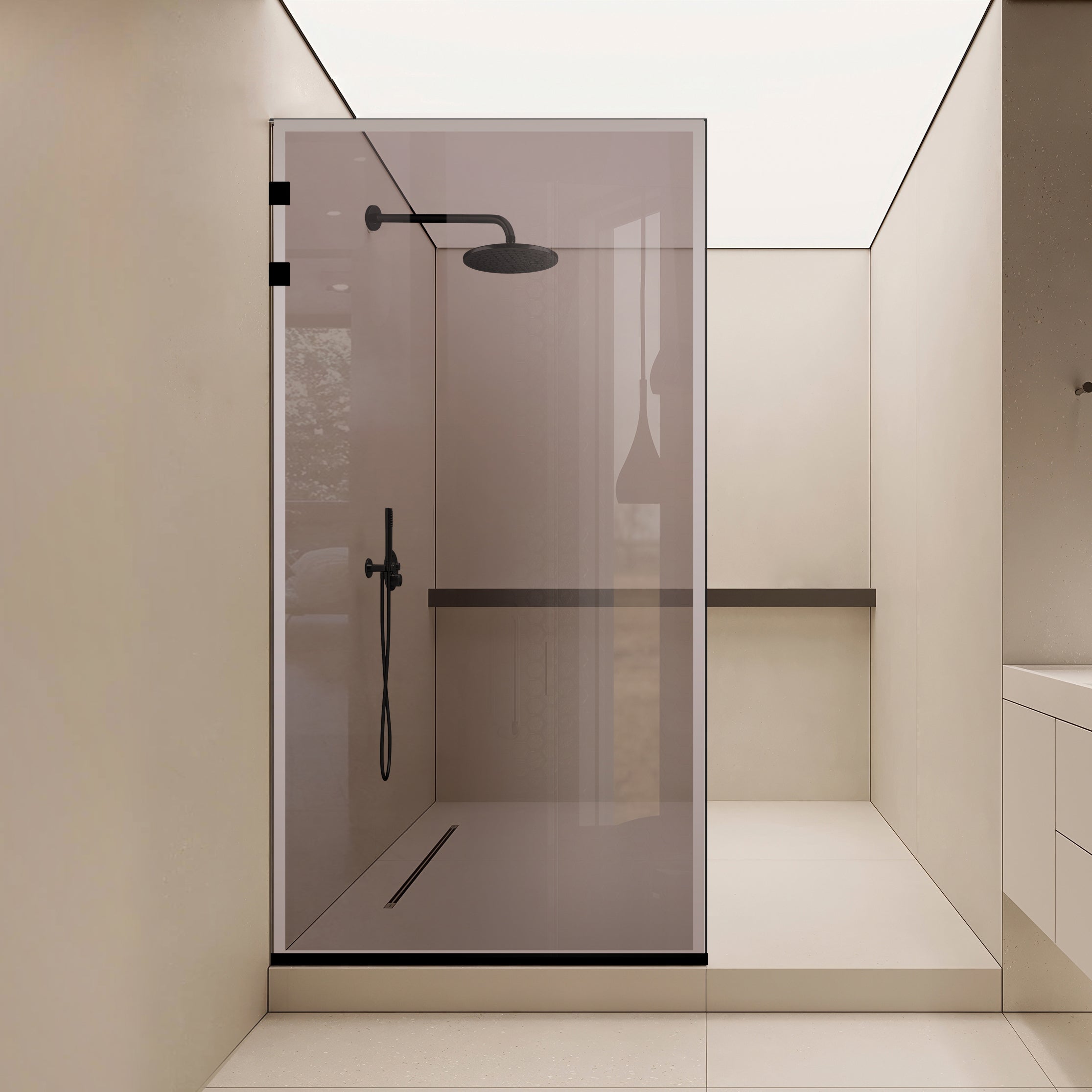 Paravan dus Walk-in, Perete dus Inox, negru mat #Bronz