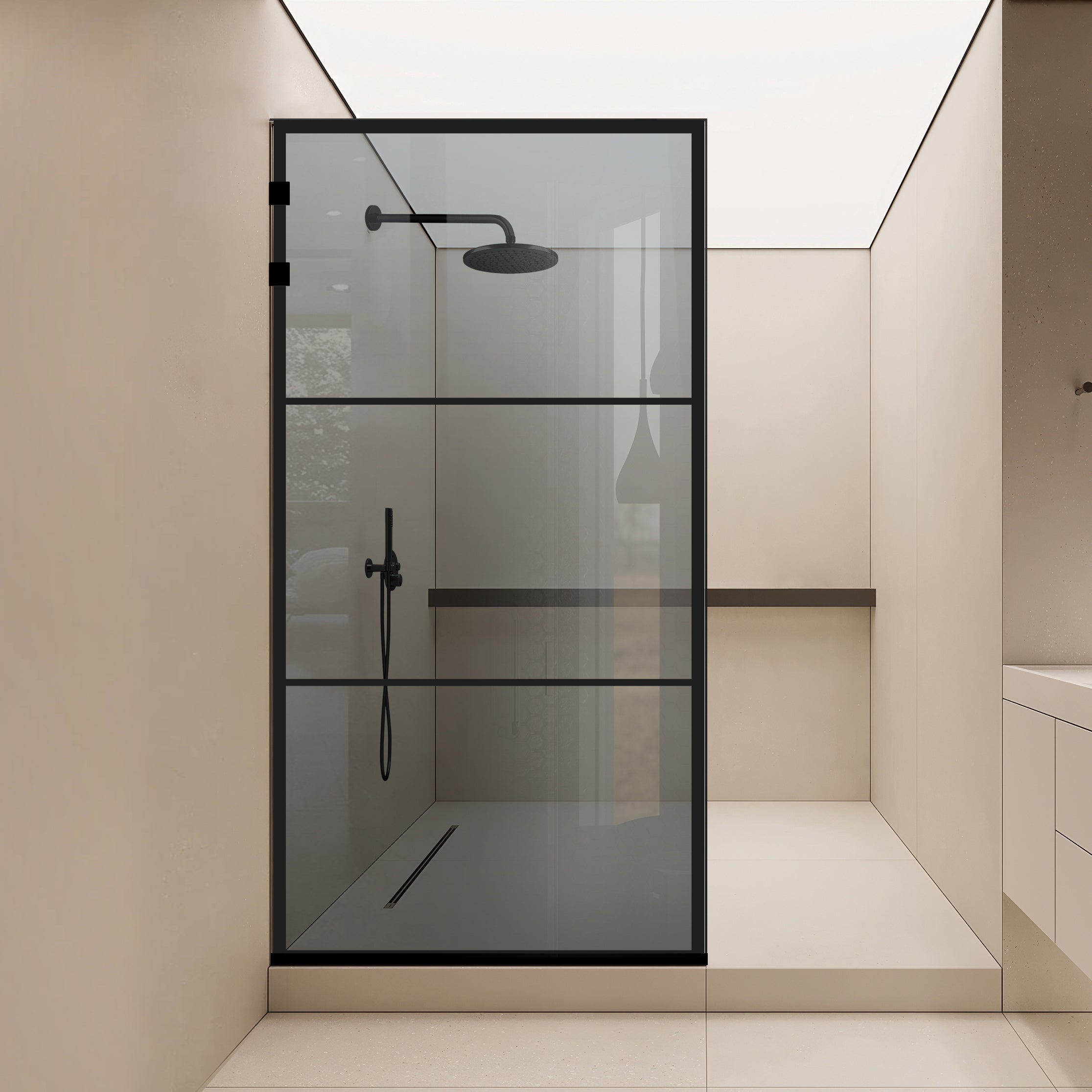 Paravan dus Walk-in, Perete dus Inox, negru mat #Gri
