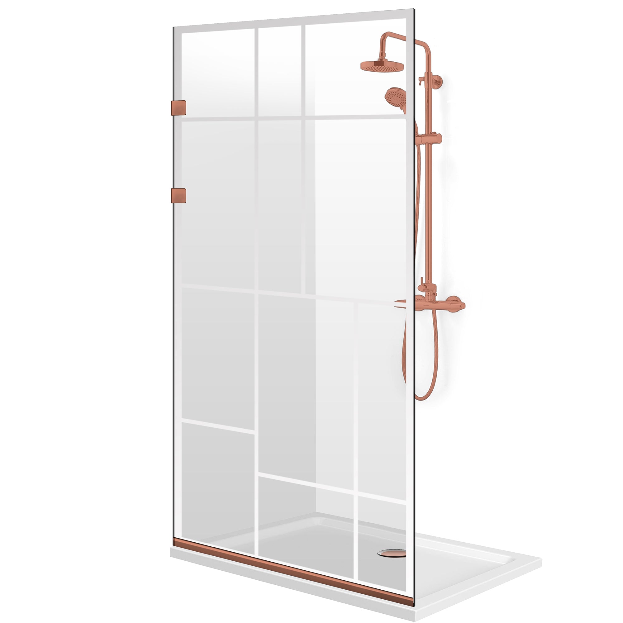 Walk-in-Duschabtrennung Aqua Elegance® Copper, Modell Urban farblos, Beschläge komplett aus kupferfarbenem Edelstahl, klares Sicherheitsglas