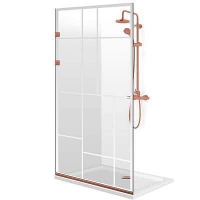 Walk-in-Duschabtrennung Aqua Elegance® Copper, Modell Urban farblos, Beschläge komplett aus kupferfarbenem Edelstahl, klares Sicherheitsglas