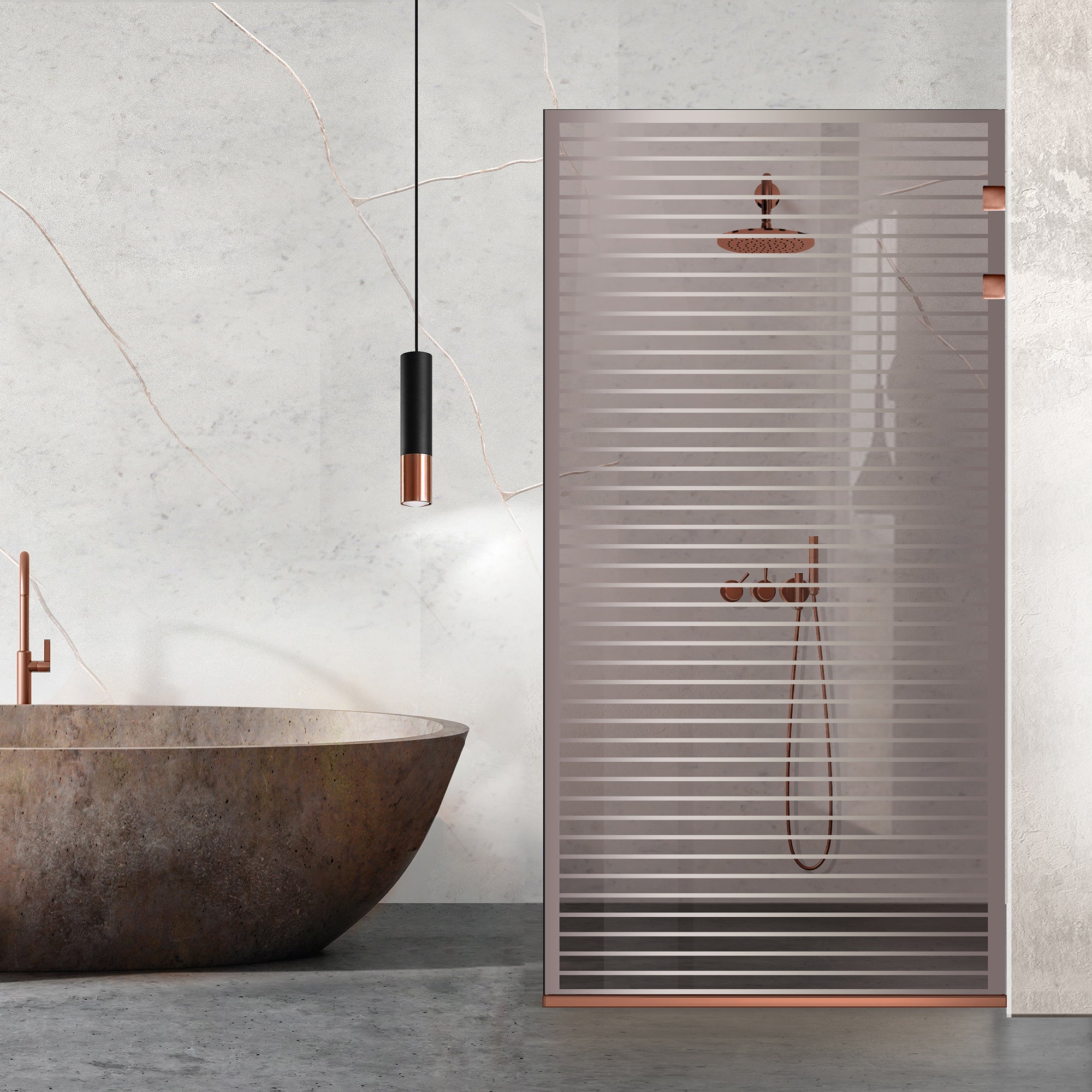 Walk-in Duschparavent Aqua Elegance ® Kupfer, Modell Moris farblos, Beschläge komplett aus kupferfarbenem Edelstahl, Sicherheitsglas