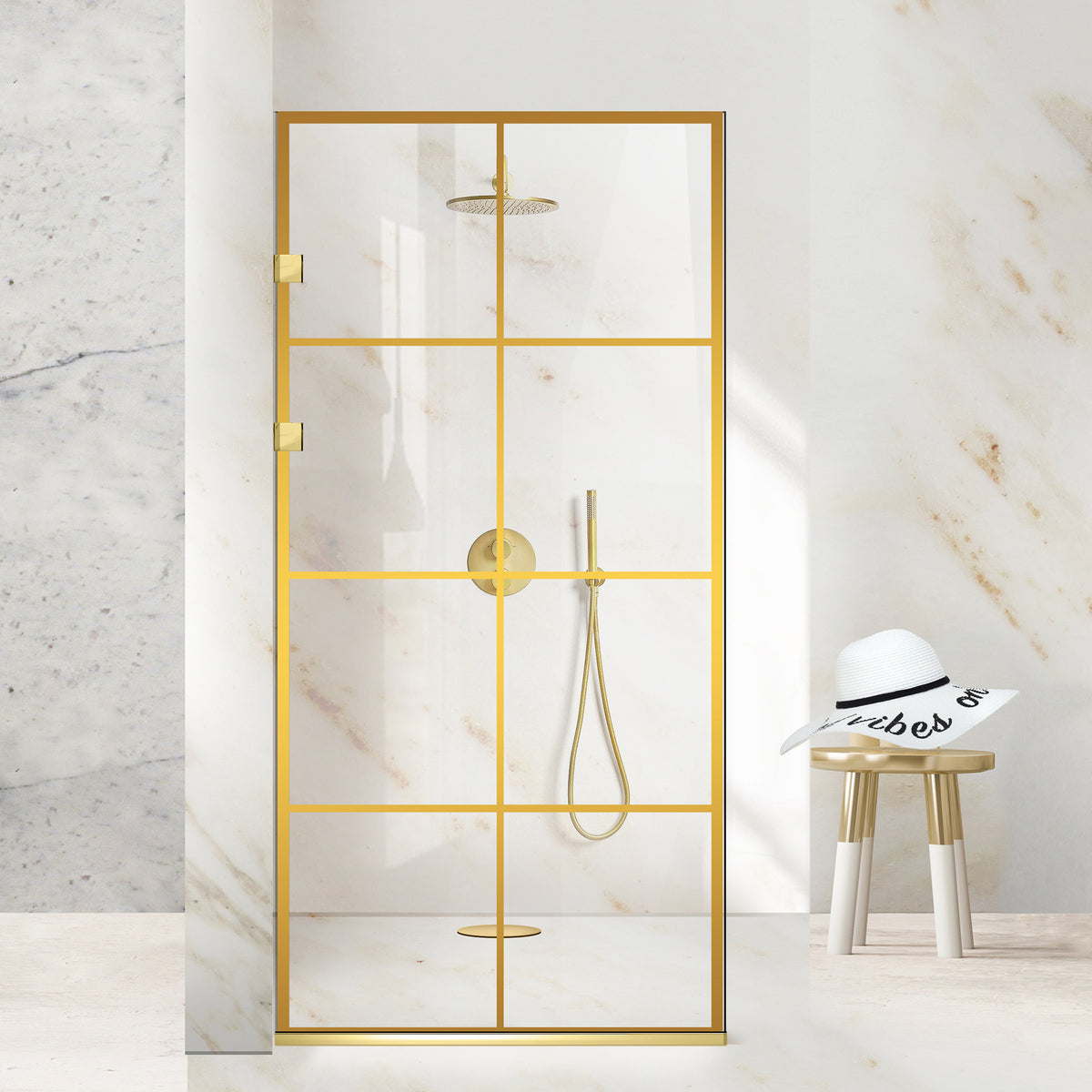 Duschabtrennung Walk-in Aqua Elegance ® Gold, Modell Mode goldfarben, Beschläge komplett aus goldfarbenem Edelstahl, klares Sicherheitsglas